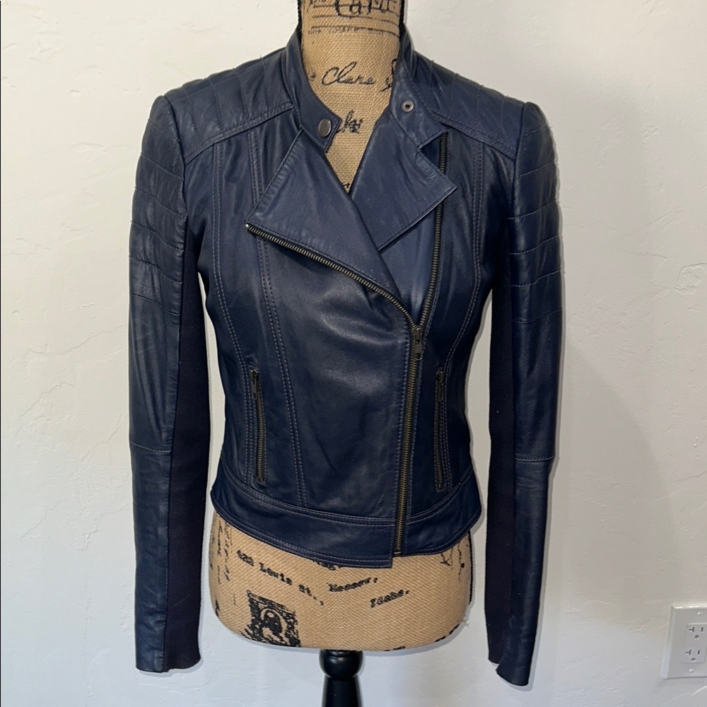 Halogen Dark Navy Blue Leather Moto Jacket